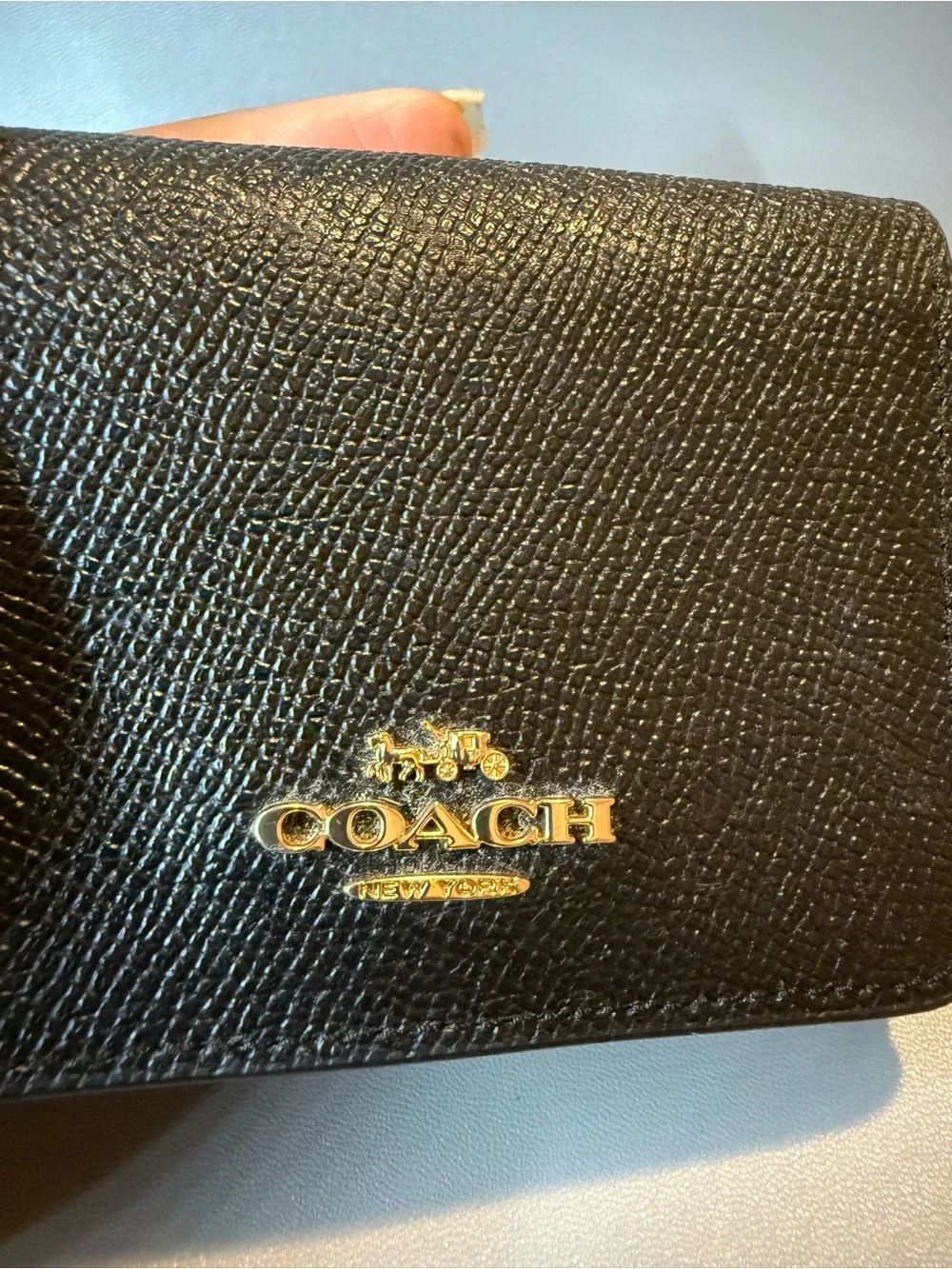 Coach Black Crossgrain Leather Chain Card Case Wallet Gold Chain 🖤